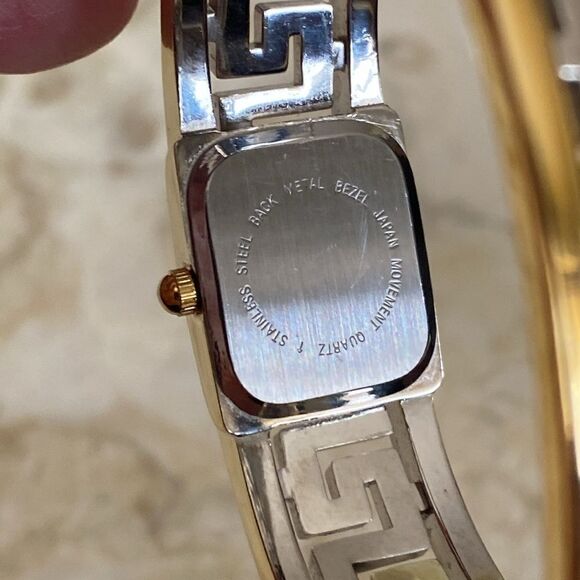 Greek Key Gold & Silver Tone Cuff Hinged Bangle Watch - Picture 11 of 12